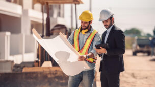 Engenheiro civil e gerente de construção civil segurando tablet digital e as plantas da obra em que estão