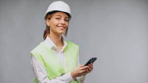 Mulher de negócios da construção usando colete e capacete falando ao telefone