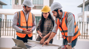 Engenheiro civil e arquitetos usando capacetes e coletes de segurança estão trabalhando juntos na obra