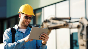 Engenheiro de construção usando tablet digital no canteiro de obras