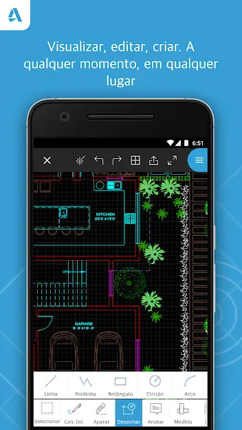 Aplicativo para construção civil Autocad exibindo planta baixa com ferramentas de edição na tela do celular.