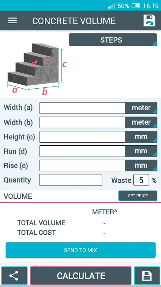 Aplicativo para construção civil Concrete Calculator com cálculo de volume e custo de concreto para escadas.