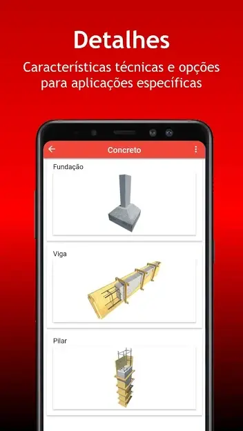 Aplicativo para construção civil ConstruCalc exibindo detalhes técnicos de fundação, viga e pilar em projetos de concreto.