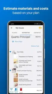 Tela de aplicativo para construção civil Magic plan com estimativa de materiais e custos por ambiente.