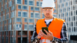 Imagem de um trabalhador da construção civil com EPIs olhando o celular na sua mão