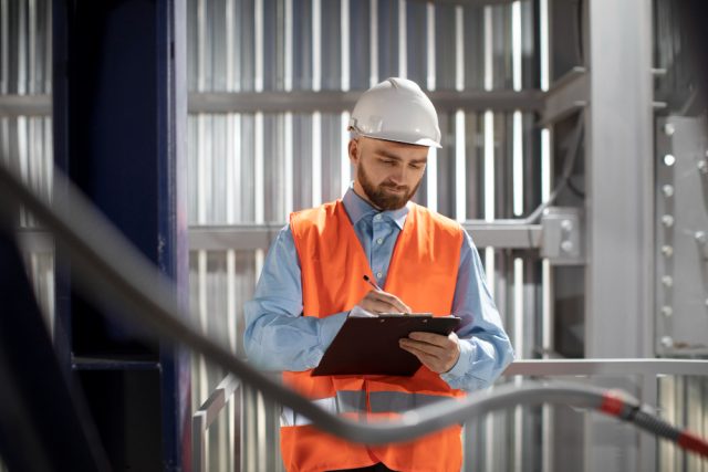 Imagem de um homem com capacete de obras, segurando uma prancheta dentro de um ambiente que aparenta ser uma construção