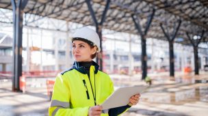 Uma mulher engenheira com tablet em pé no canteiro de obras, trabalhando.