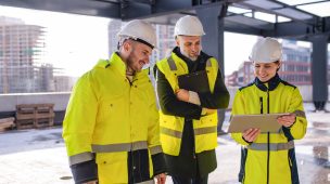 Grupo de engenheiros de pé ao ar livre no canteiro de obras, usando tablet