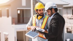 Trabalhadores da construção civil estão trabalhando no canteiro de obras com célula solar no novo canteiro de obras do projeto.