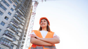 Mulher no canteiro de obras com os EPIs