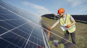 Imagem do trabalhador da construçao civil analisando uma placa solar