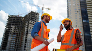 Dois engenheiros conversando na obra