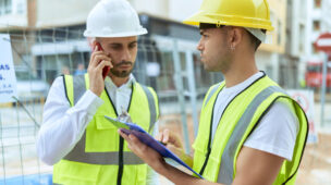 Dois homens com EPIs analisando documentos na obra e falando no celular