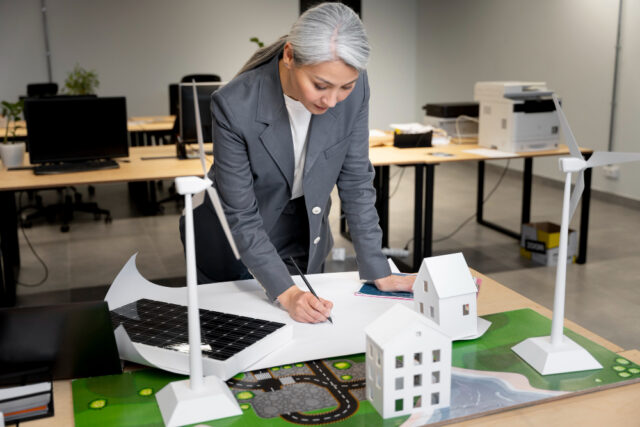 Mulher de negócios analisando uma planta de obras