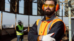 Homem com EPIs da construção civil posando com braços cruzados