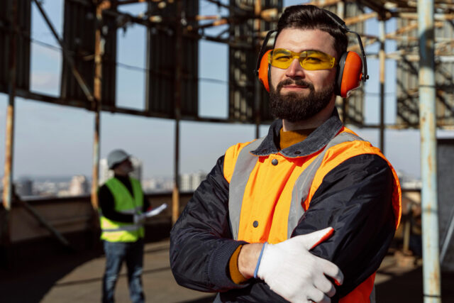 Homem com EPIs da construção civil posando com braços cruzados