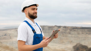 Homem que trabalha na construção civil segurando um tablet para preencher o relatório de auditoria interna