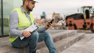 Profissional utilizando tecnologia no canteiro de obras com celular e prancheta para gestão em tempo real