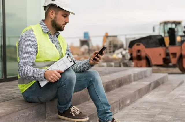 Profissional utilizando tecnologia no canteiro de obras com celular e prancheta para gestão em tempo real