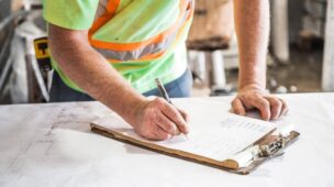 Profissional preenchendo relatório de obras diário no canteiro de construção