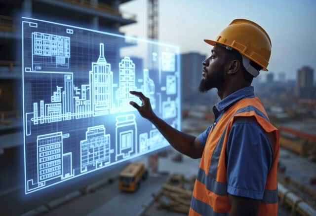 Um engenheiro em um canteiro de obras analisa um painel digital com projetos, representando as novidades construção civil.
