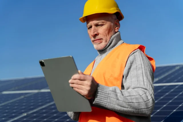 Imagem mostra um engenheiro fazendo o monitoramento de obras por meio da análise de dados em um tablet.