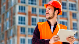 Imagem de um engenheiro fazendo a gestão de obras com ajuda de um tablet